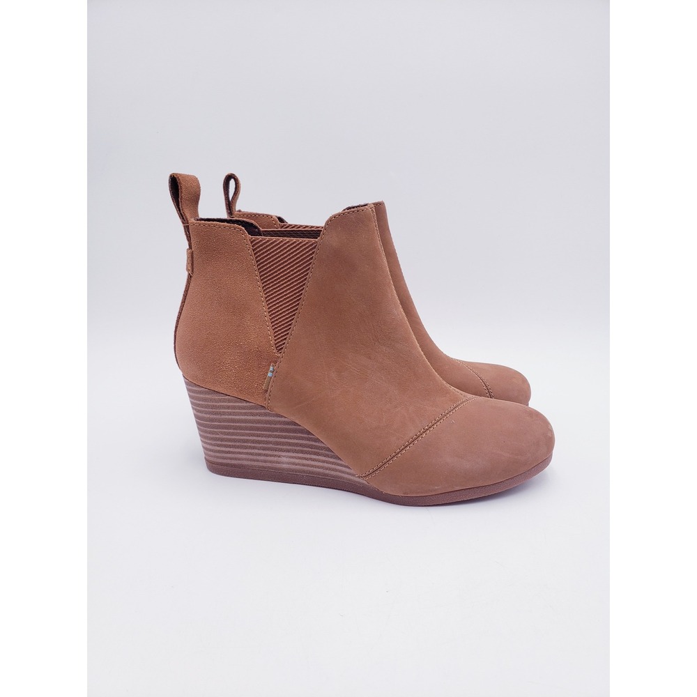 TOMS Leila Wedge Booties Tan Leather Suede Elastic Gore Ankle Boots Womens 7